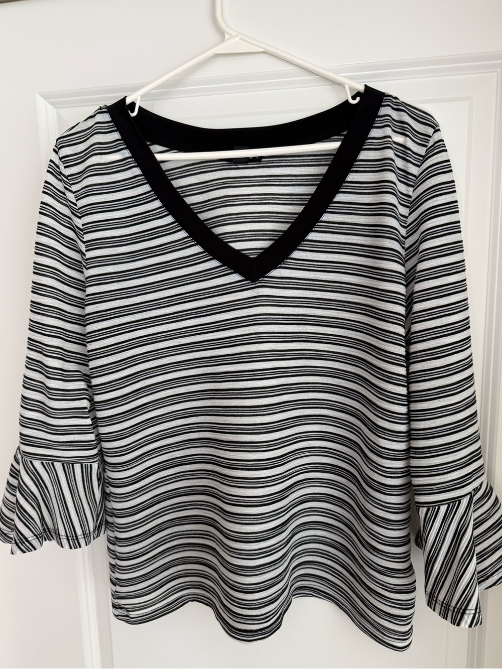 Tribal Black & White Striped V-Neck Ruffle Sleeve Blouse
